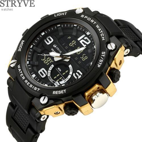STRYVE Fashion Brand Mens Sports Watches LED Digital Analog Quartz Watch Men Army Military Waterproof Male Clock Wristwatches