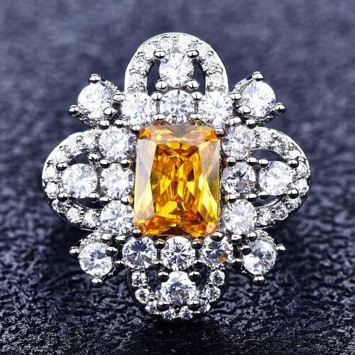 Luxury Flower Yellow Crystal Citrine Zircon Diamonds Gemstones Rings for Women White Gold Silver Color Jewelry Bijoux Bague Gift