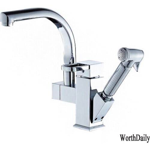 Silver Kitchen Faucet Pull out Bidet Faucet Mount Hot Cold Mixer Tap All Copper Rotary Pull-out Kitchen Faucet
