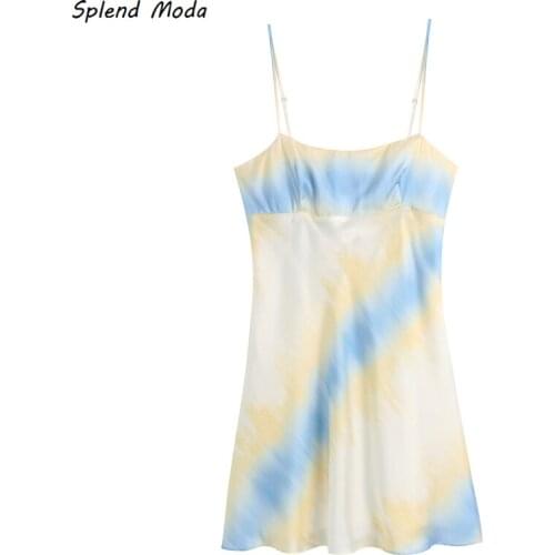 Splend Moda Chic Tie-Dye Dress Women 2021 Summer New Fashion Sexy Silk Texture Spaghetti Strap A-line Dress Female Vestido
