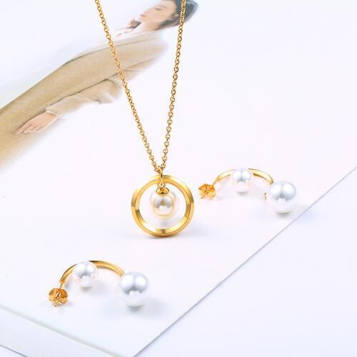 Stainless Steel Simulated Pearl Wedding Jewelry Sets Sliver Gold Color Long Circle Chain Necklace C Shape Drop Earring Women