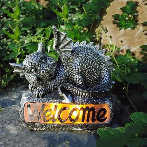 Outdoor Solar Luminous Dinosaur Welcome Card Resin Crafts Garden Lawn Park Figurines Ornaments Courtyard Furnishing Decoration