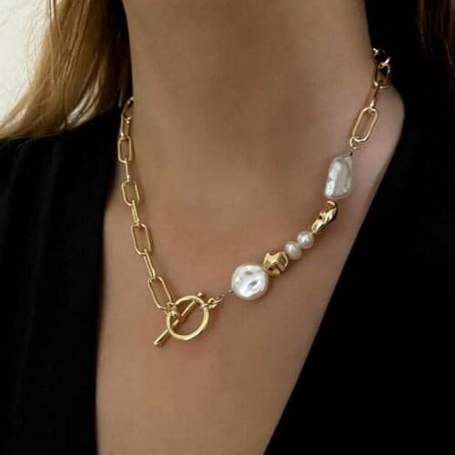 Goth Punk Gold Color Chains Natural Freshwater Pearl Necklaces for Women Choker Collares Korean Fashion Kpop Party Jewelry MS363