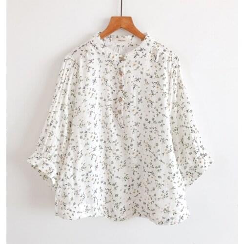 Summer Small Unlined Upper Garment Cotton Pure Fresh Beautiful Floral Print Double Female 7 Minutes Of Sleeve Cotton Shirt Women