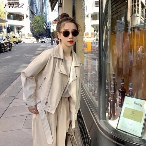 FTLZZ New Autumn Women Casual Loose Fit Beige Pu Faux Leather Jacket Streetwear Female Turn Down Collar Black Coat Outwear