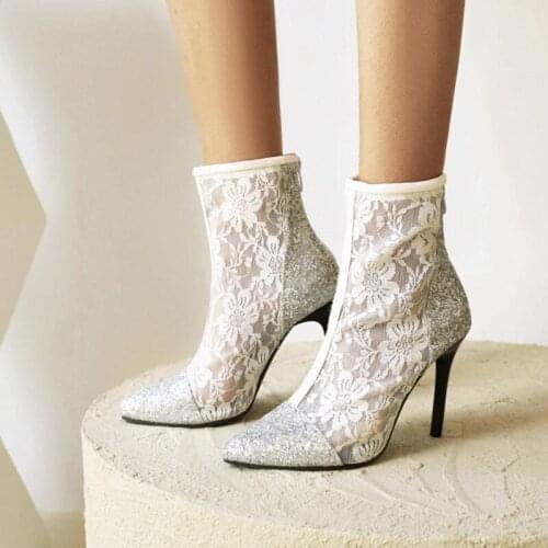 Ochanmeb Glitter Silver Boots Women Sexy Stiletto High Heels See Through Lace Mesh Embroidery Flower Boots Woman White Shoes New