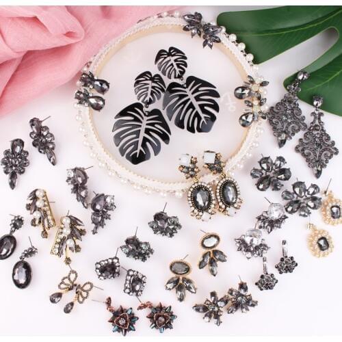 LUBOV Classic Black Crystal Stone Women Stud Earrings Flower Star Leaf Waterdrop Shape Piercing Earrings Women Jewelry Gift