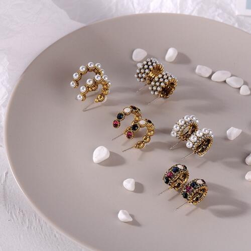 CINDY XIANG New Arrival Rhinestone And Pearl Hoop Earrings For Women Vintage High Quality Small Earrings 5 Style For Choose