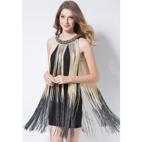 Lady vintage Ombre Draping Costume Metal Chain Neck Gradient Tassel Dresses Women newarrive party dress Mini Vestido femme mujer