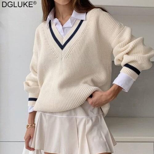 White V Neck Long Sleeve Oversized Sweater Women 2021 Fall Winter Striped Knitted Jumper Preppy Style Casual Pullover Knitwear