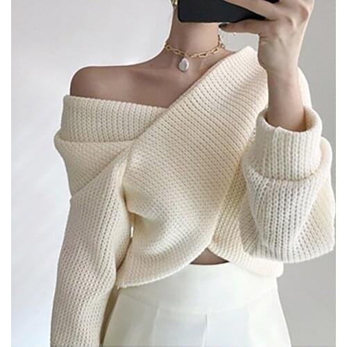 Criss-Cross Crop Sweater Off Shoulder Pullover v Neck Korean Style Women Knitted Lazy Oaf Harajuku White Autumn Blue Sueter 2020