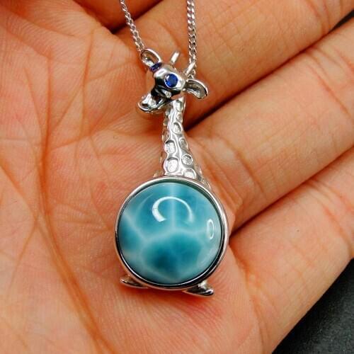 Beautiful 925 Sterling Silver Natural Larimar Giraffe Pendant Necklace For Women Gift