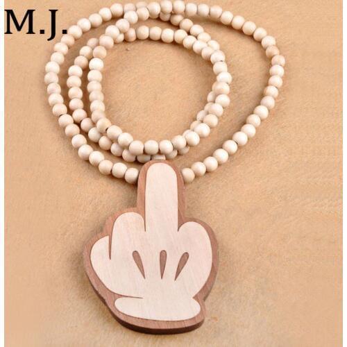 Colares Femininos Hip Hop Finger Wood Pendant Necklace Men Vintage Boho Long Beads Chain Gsture Necklace Women Collier Bijoux