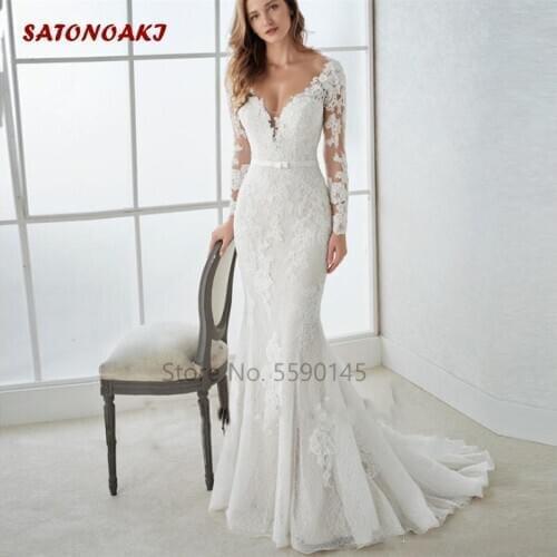 2020 New White Mermaid Wedding Dresses Long Sleeves Deep V-Neck Country Bridal Gown Sweep Train Custom Made Vestido De Novia