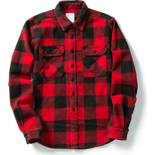 100% Cotton Thick Warm Fashion Vintage Korean Red and Black Casual Premium Unisex Mens Heavyweight Flannel Plaid Shirts