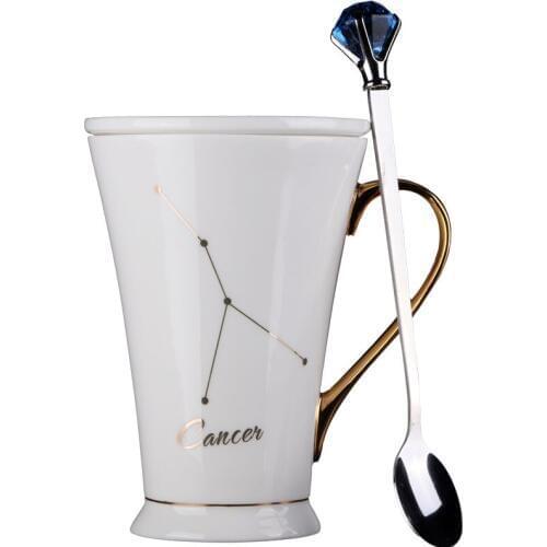 12 Constellations White And Gold Bone China Porcelain Coffee Milk Mug With Stainless Steel Spoon Zodiac ceramic cup