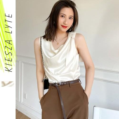 Womens Elegant Sleeveless Blouse Camisole Office Lady Silk Tank Tops Vintage Summer Ladies Clothing New 2021 Chic
