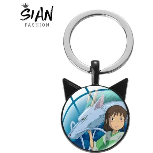 SIAN Spirited Away Anime Pattern Keychain Fashion Metal Keyring Glass Dome Key Chain Ring For Children New Trinkets Accessories