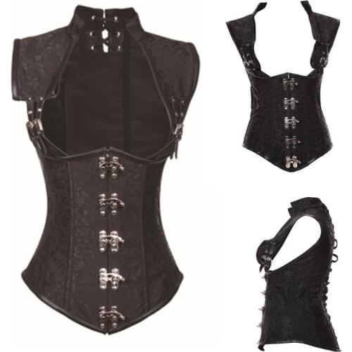 Black Brocade Collared Top Sexy Cupless Waist Trainer Vest Corset Gothic Waist Slimming Corsets Steel Boned Steampunk Clothing