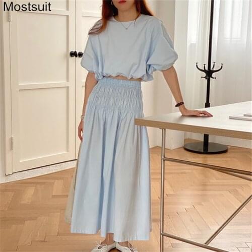 Korean Solid 2 Piece Skirt Set Women Puff Sleeve Shirring Tops + High Elastic Waist Long Skirt Stylish Fashion Matching Set