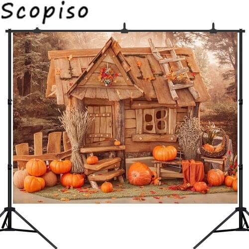 Scopiso Photography Backdrop Fairytale Wooden House Haystack halloween Pumpkin Doll Baby Kid Photo Photo studio Background