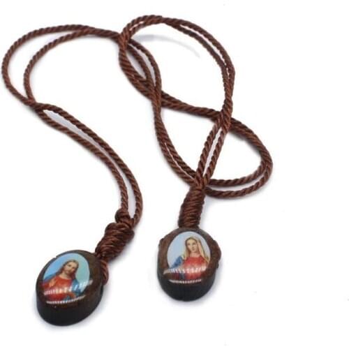 Catholic Virgin Mary Wooden Pendant Necklace Classic Religious Style Simple Casual Jewelry Accessories