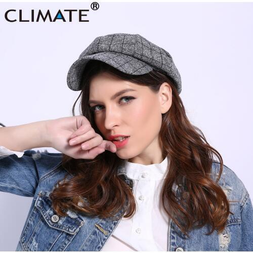 CLIMATE Womens Warm Octagonal Hat Plaid Cotton Woolen Cap Woman Winter Fashion Checks Newsboys Hat for Girls Women Warm Hats