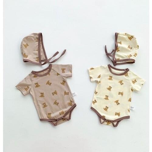 0-12M Cute Newborn Baby Boy Girl Short Sleeve Bear Pattern Cotton Romper Jumpsuit Hat 2PCS Summer Clothes
