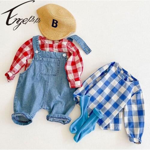 Engepapa 2021 Autumn Childrens Casual Clothes Sets Long Sleeves Grid Round T-shirt+Overalls Outfit 2Pcs Fashion Baby Clothing