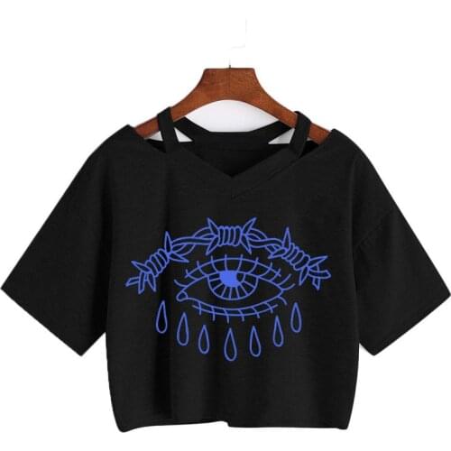 Vintage Womens Crop Tops Short T-shirt Summer Harajuku Casual Short-sleeve V-neck top Sexy Punk Style Eye of death printing Tee