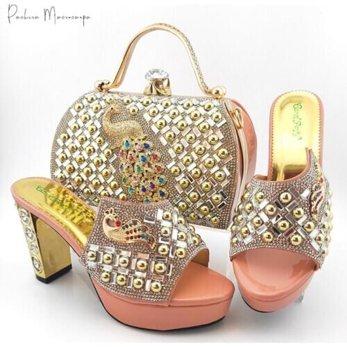 Lastes Fashion Phoenix Style Metal Decoration Italain Design Lastest African Party Ladies Shoes and Bag Set in Peach Color