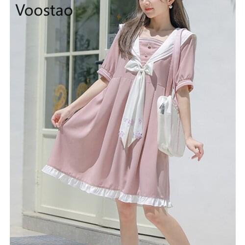 Summer Japanese Women Cute Dress Preppy Style Sweet Girl A-Line Sailor Collar Bow Dress Vestidos Patchwork Loose Party Dresses