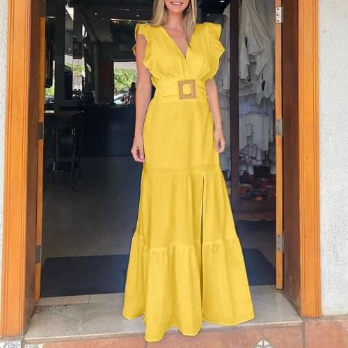 Summer Maxi Dresses VONDA 2021 Women Sexy V Neck Sleeveless Ruffled Cuff Tank Dress Bohemian Vestidos Oversized Party Robe
