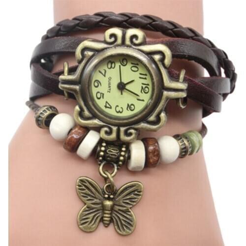 Fashion Womens Watch Women Children Retro Leather Winding Bracelet Leaf Pendant Watch Vintage Bracelet Watch Relogio Feminino