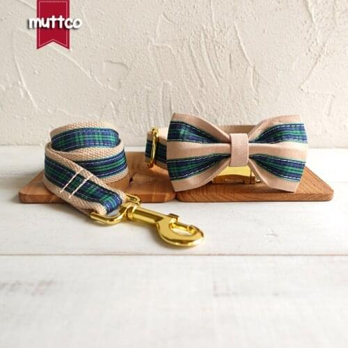 MUTTCO Adjustable bow-tie collar THE FOREST PLAIN handmade pet products 5 sizes metal buckle double cloth dog collar set UDC014B