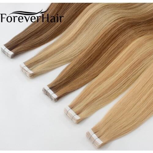 FOREVER HAIR 2.0g/pc 100% Real Remy Tape In Human Hair Extension Cuticle Seamless Straight Skin Weft Hair Salon Style 20pcs/pac