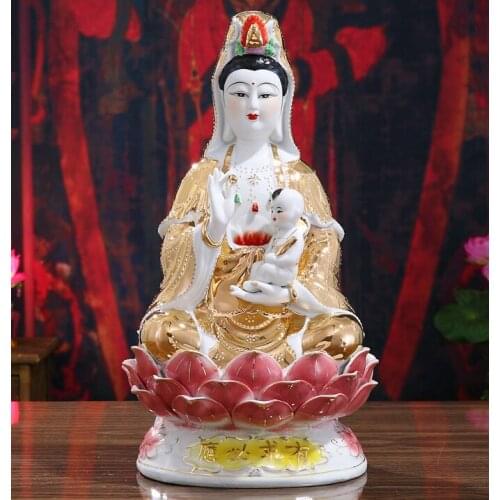 Wholesale Buddha figure Southeast Asia HOME Efficacious FENG SHUI TONG ZI SONGZI Guanyin Bodhisattva gold body Buddha color Ceramic statue pray for pregnant baby Bless safe health good luck