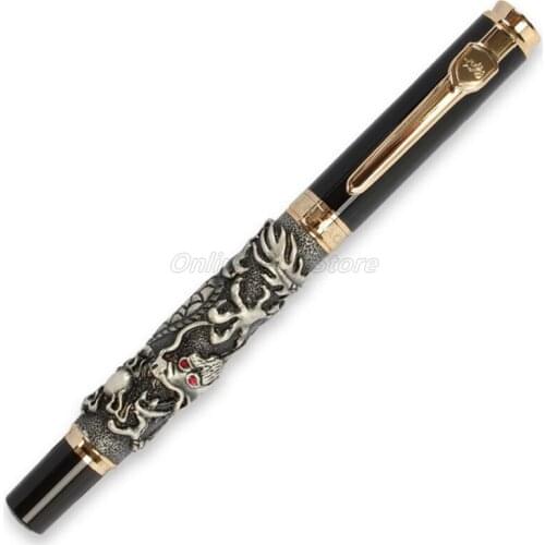 Jinhao Metal Ancient Gray Auspicious Dragon Carving Embossing Medium Nib Fountain Pen Office School Stationery Accessories