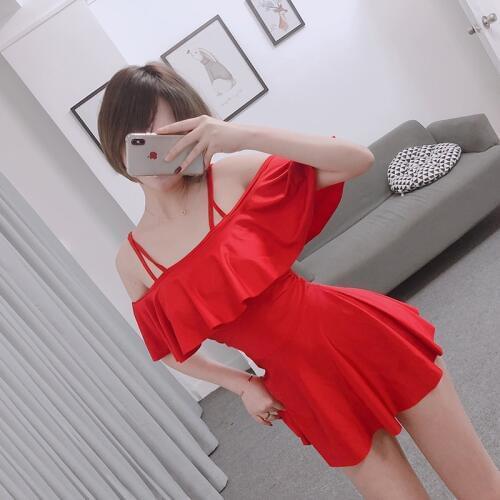 Sexy Off Shoulder Ruffle One Piece Swimsuit 2019 New Swimwear Women Swimsuit Red Bathing Suits Beach Wear Skirt with boxer