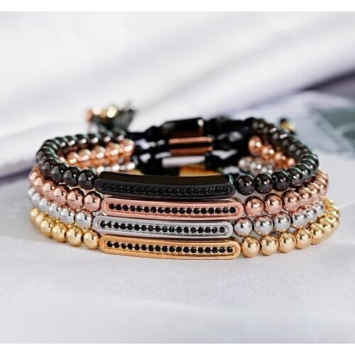 Unisex Luxury Fashion Adjustable Bracelet Gold Color 5MM Copper Beads Long Copper Inlaid Black Zircon Decorative Bracelet