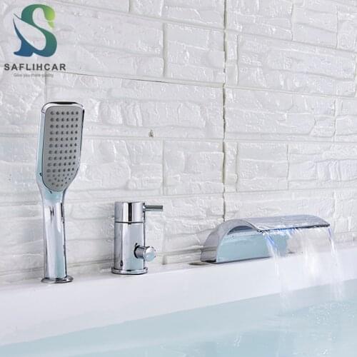 SAFLIHCAR LED Waterfall Bathtub Shower Faucet Widespread Tub Sink Faucet Hot Cold Mixer Shower Faucet Bath Tap With Handshower