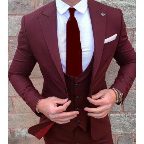 High Quality One Button Burgundy Groom Tuxedos Peak Lapel Groomsmen Best Man Mens Wedding Suit (Jacket+Pants+Vest+Tie) W:201