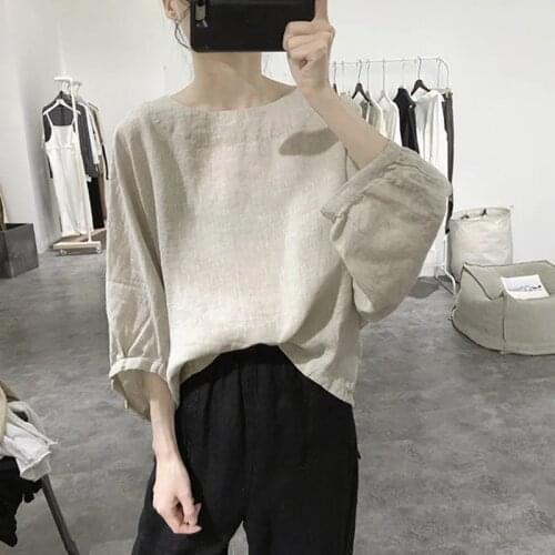 Cotton Linen Women Blouse Summer New 2021 Solid Batwing Sleeved Loose Casual All Match Female Pulls Outwear Tops