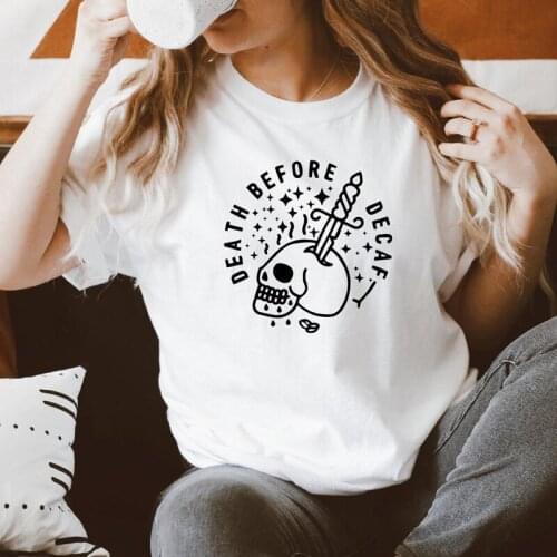Death Before Decaf T-shirt Sarcastic Coffee Addict Tshirt Funny Women Short Sleeve Graphic Skull Top Tee Shirt