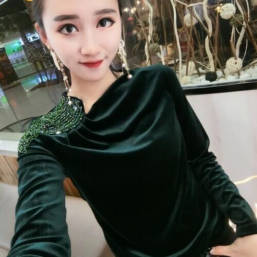 Womens T-shirt spring bottoming shirt womens long sleeve loose loose thin shirt gold velvet top womens t shirt