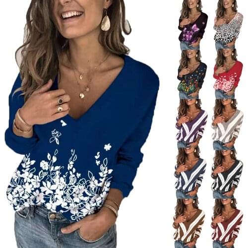 2021 autumn and winter thin style commuter fashion printing long-sleeved European and American loose V-neck womens T-shirt