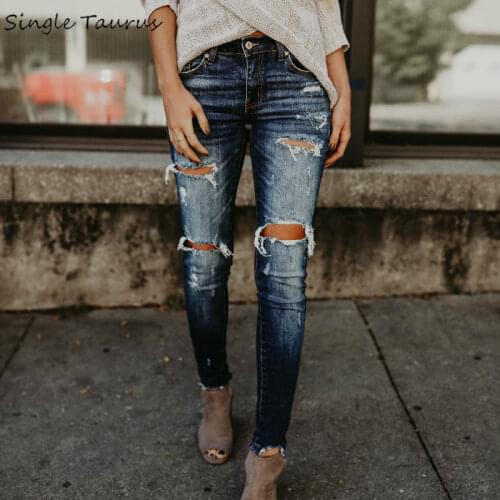2020 Spring Fashion Bleached Ripped Jeans Women Cotton Denim Slim Elasticity Skinny Pants Moustache Effect Vintage Jeans Femme