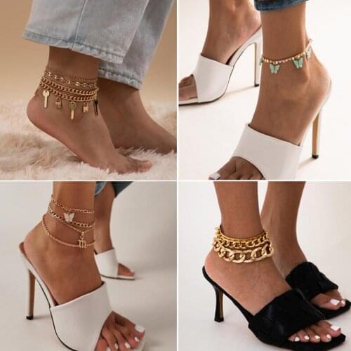 Boho Multilayer Key Butterfly Anklets For Women Simple Vintage Beach Cuban Chain Ankle Bracelet on Leg Summer Foot Jewelry
