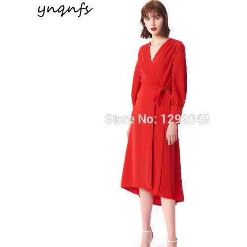 YNQNFS M133 French Style Italy Satin V Neck Long Sleeve Red Mother of the Bride Dresses 2019 Party Gown Wedding Guest Dress