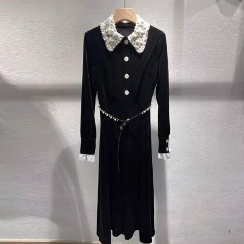 Velvet High Quality Runway Fashion Luxury Pearls Beading Lace Collar Patchwork Elegant Long Black Dress With Belt